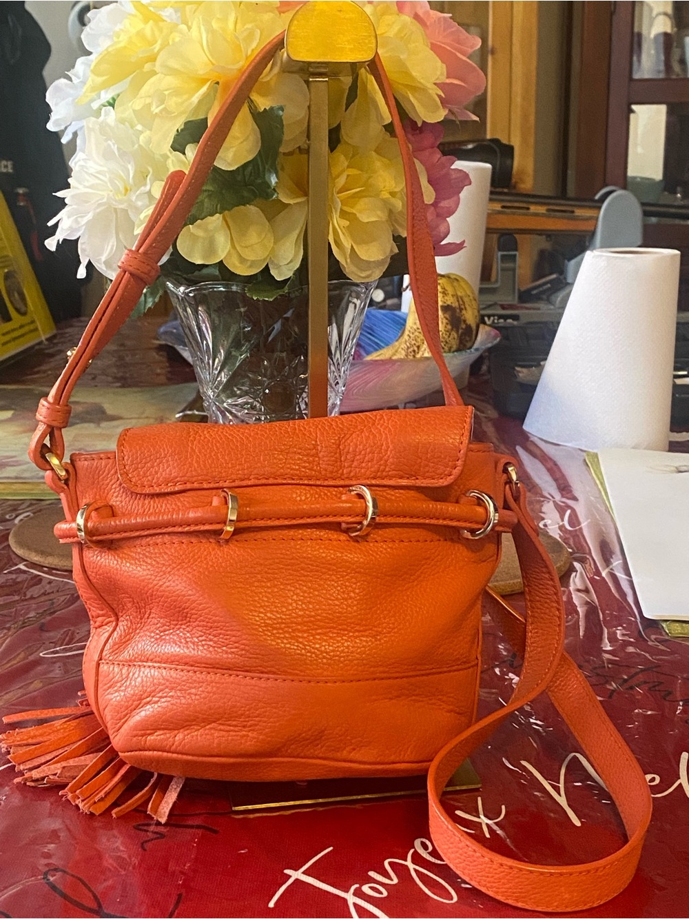 See By Chloé Orange Pebbled Leather Mini Bucket Bag with Tassels - Picture 5 of 15